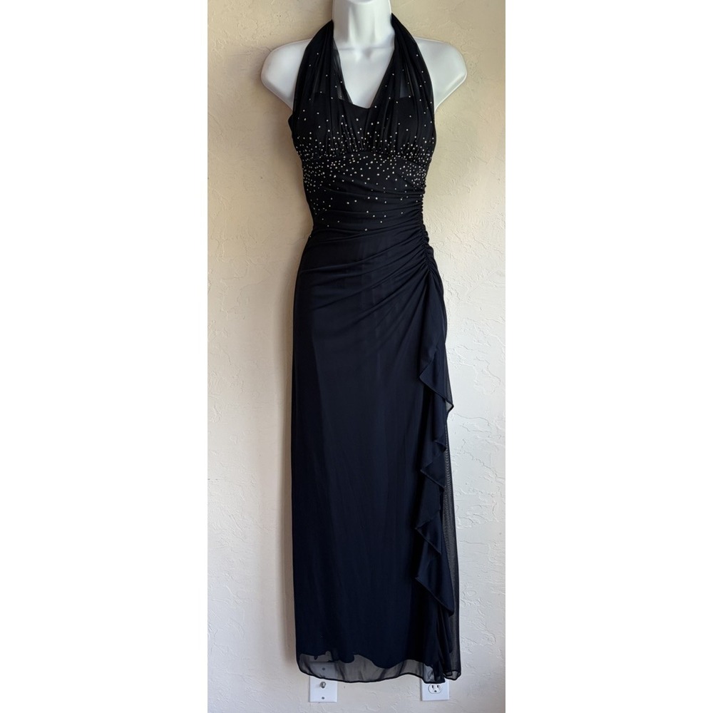 Vintage 90s Y2K Blondie Nites Ruched Halter Maxi Dress 3 Dark Blue Rhinestone